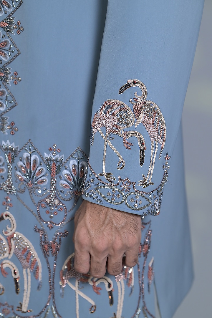 Powder Blue Japanese Suiting Fabric Dabka Embroidered Indo-Western Set by Bharat Reshma at Pernia's Pop Up Shop
