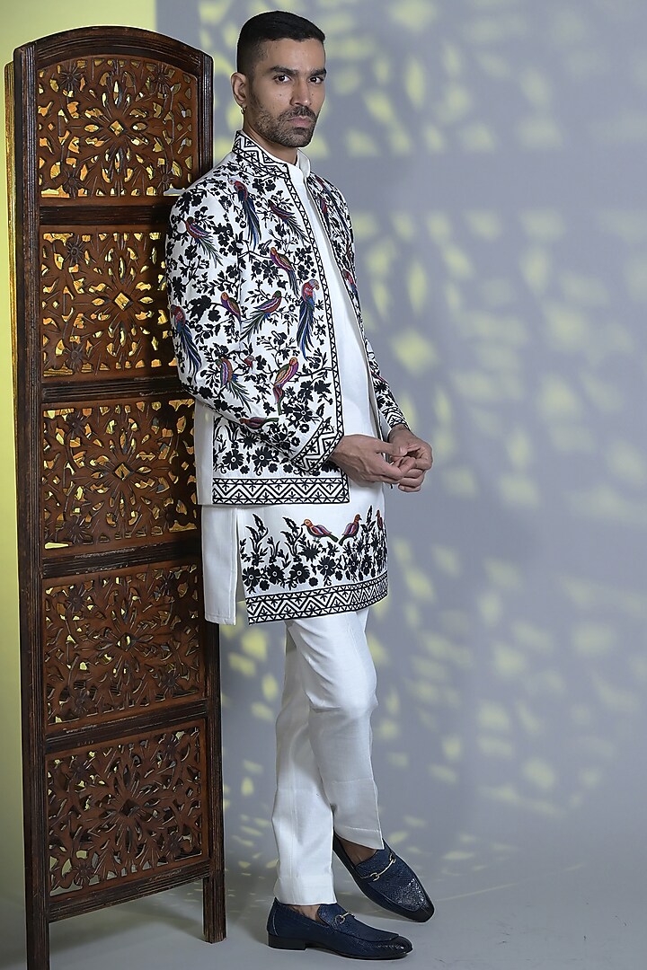 Ice white & Black Silk Embroidered Indo-Western Set by Bharat Reshma at Pernia's Pop Up Shop