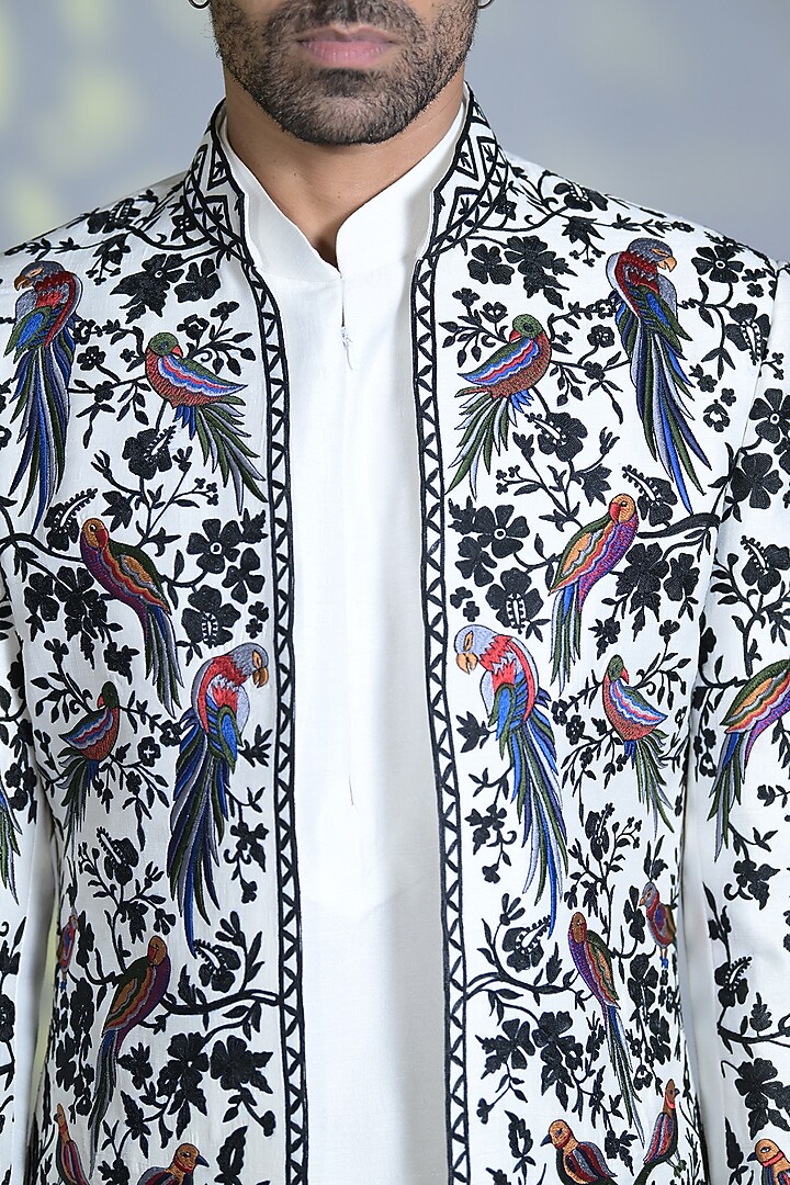 Ice white & Black Silk Embroidered Indo-Western Set by Bharat Reshma at Pernia's Pop Up Shop