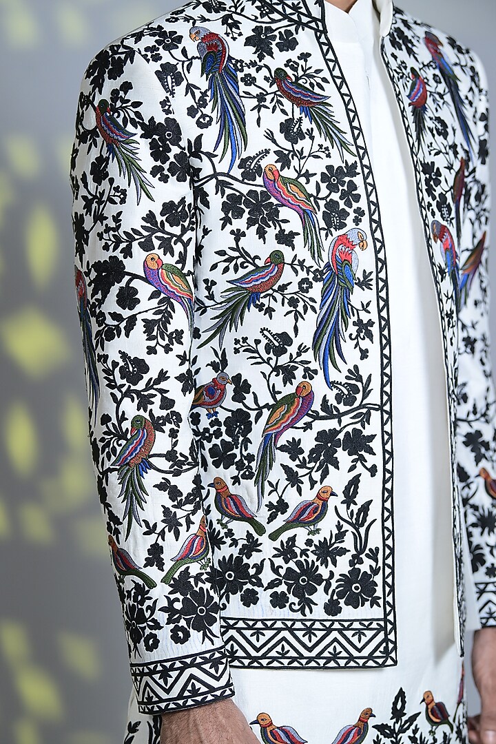 Ice white & Black Silk Embroidered Indo-Western Set by Bharat Reshma at Pernia's Pop Up Shop