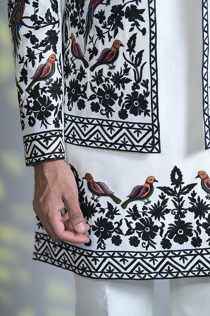 Ice white & Black Silk Embroidered Indo-Western Set by Bharat Reshma at Pernia's Pop Up Shop