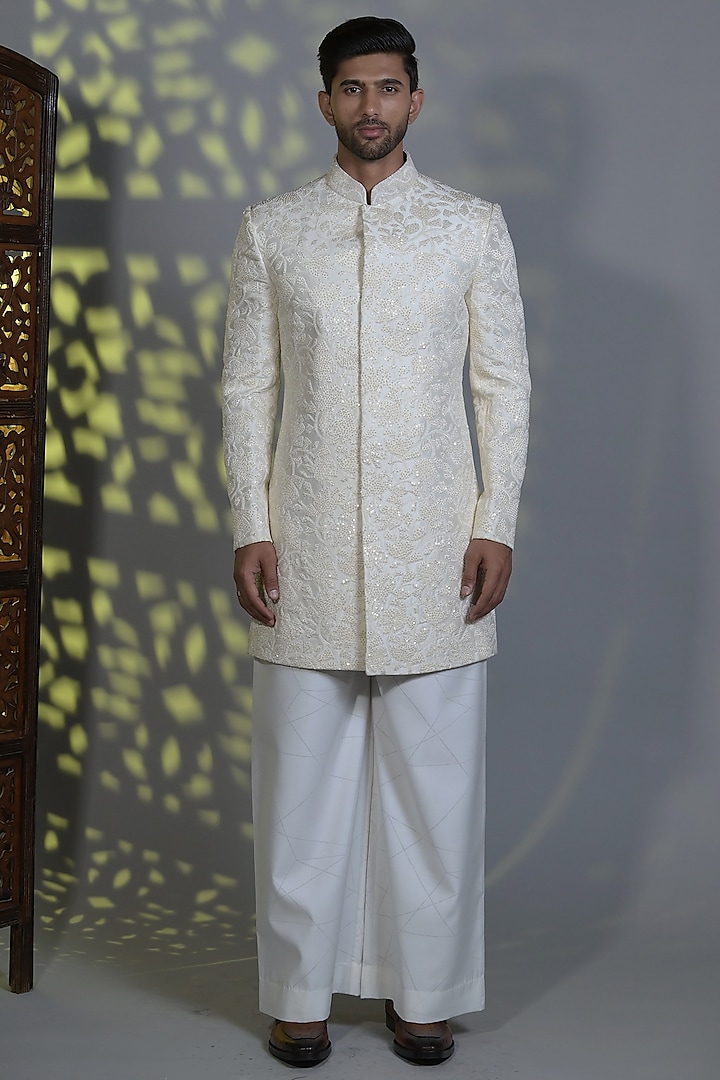 Pearl White Silk Sequins Embroidered Indo-Western Set by Bharat Reshma