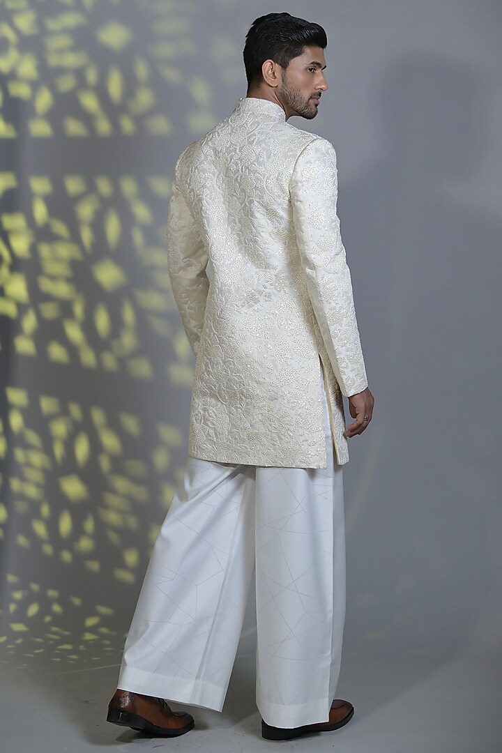Pearl White Silk Sequins Embroidered Indo-Western Set by Bharat Reshma at Pernia's Pop Up Shop