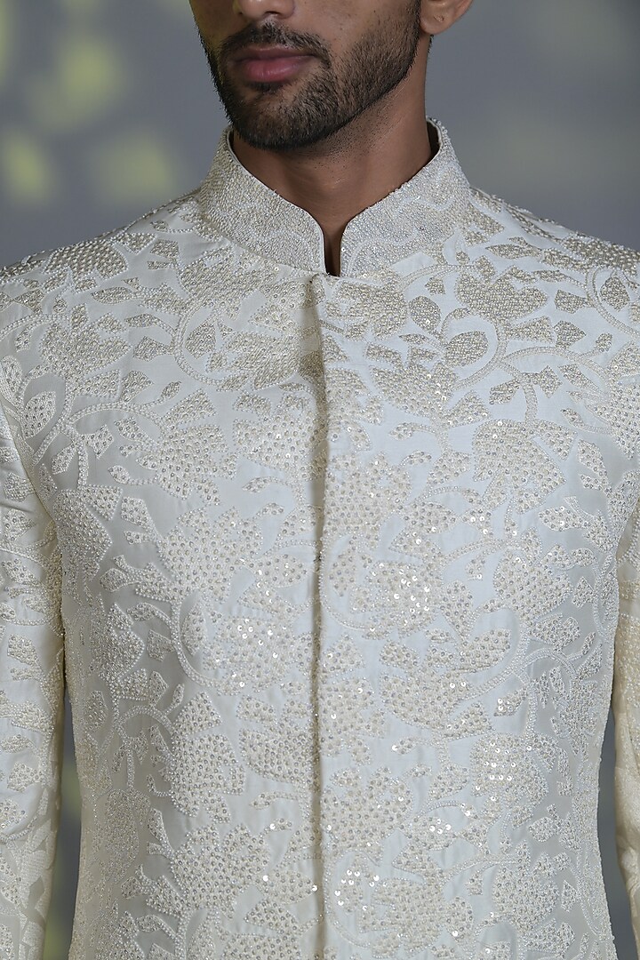 Pearl White Silk Sequins Embroidered Indo-Western Set by Bharat Reshma at Pernia's Pop Up Shop