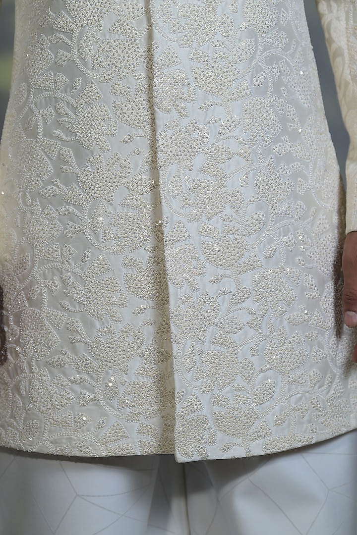 Pearl White Silk Sequins Embroidered Indo-Western Set by Bharat Reshma at Pernia's Pop Up Shop