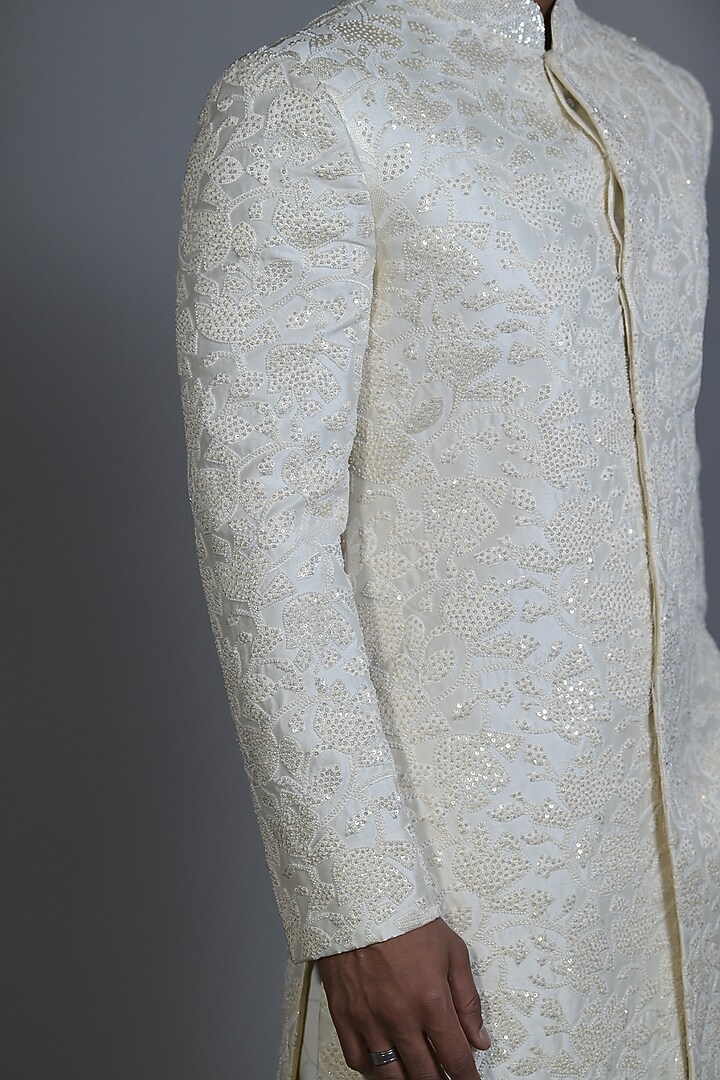 Pearl White Silk Sequins Embroidered Indo-Western Set by Bharat Reshma at Pernia's Pop Up Shop