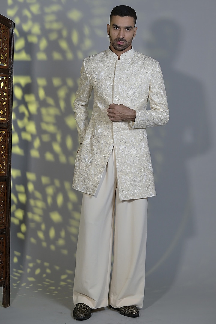 Ivory Silk Thread Embroidered Indo-Western Set by Bharat Reshma