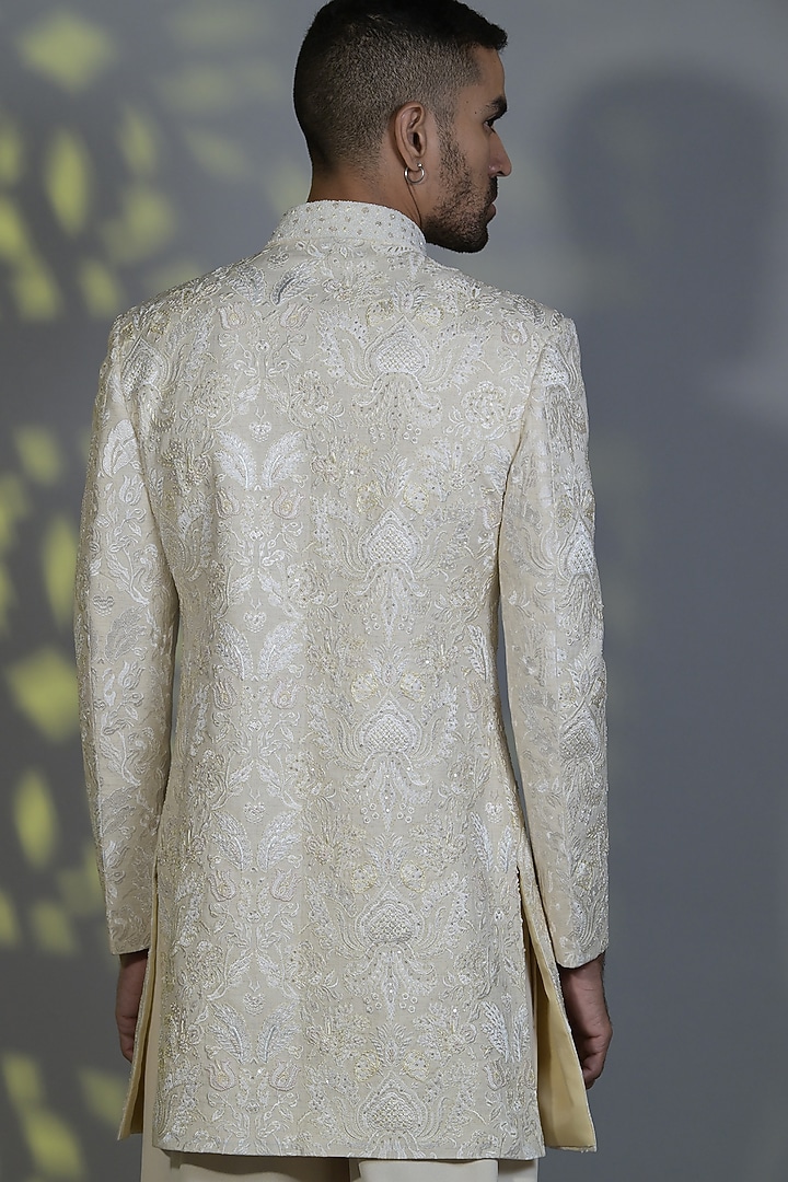 Ivory Silk Thread Embroidered Indo-Western Set by Bharat Reshma at Pernia's Pop Up Shop