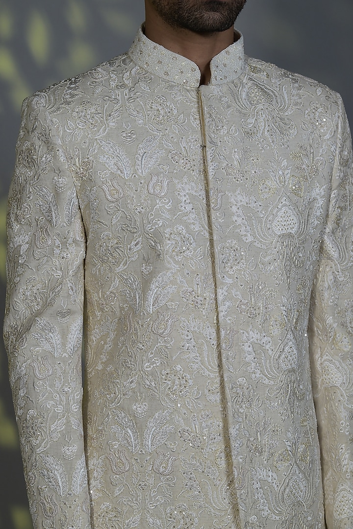 Ivory Silk Thread Embroidered Indo-Western Set by Bharat Reshma at Pernia's Pop Up Shop