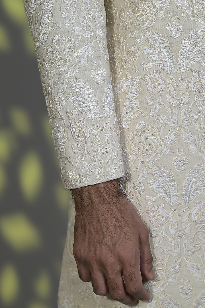 Ivory Silk Thread Embroidered Indo-Western Set by Bharat Reshma at Pernia's Pop Up Shop