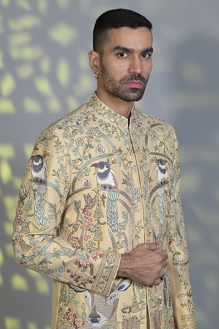 Alabaster Cream Silk Cutdana & Pearl Embroidered Indo-Western Set by Bharat Reshma at Pernia's Pop Up Shop