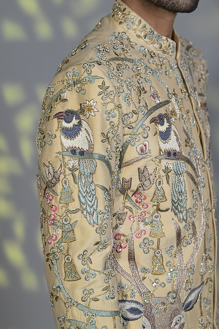 Alabaster Cream Silk Cutdana & Pearl Embroidered Indo-Western Set by Bharat Reshma at Pernia's Pop Up Shop