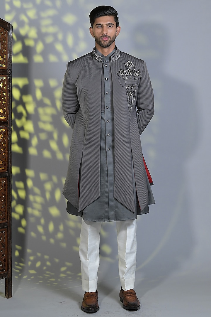 Space Grey Silk Pearl Embroidered Textured Indo-Western Set by Bharat Reshma