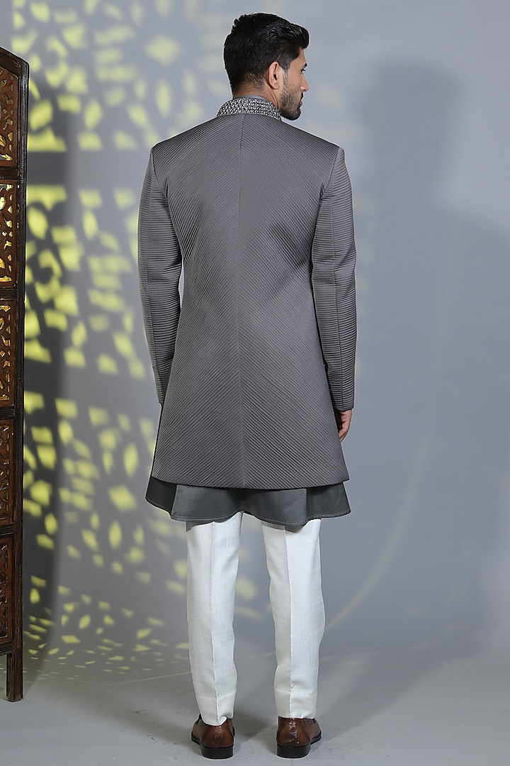 Space Grey Silk Pearl Embroidered Textured Indo-Western Set by Bharat Reshma at Pernia's Pop Up Shop