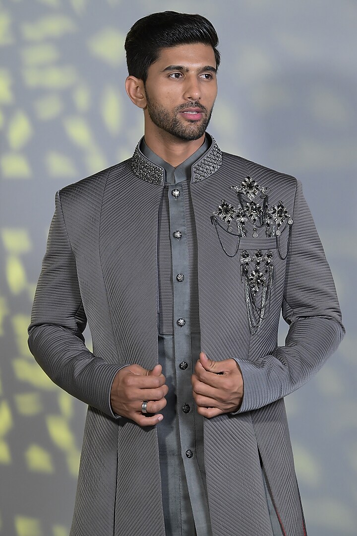 Space Grey Silk Pearl Embroidered Textured Indo-Western Set by Bharat Reshma at Pernia's Pop Up Shop