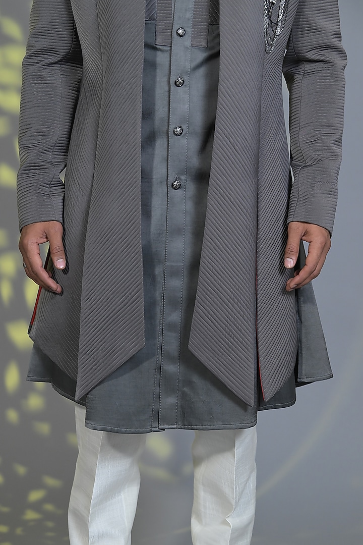 Space Grey Silk Pearl Embroidered Textured Indo-Western Set by Bharat Reshma at Pernia's Pop Up Shop