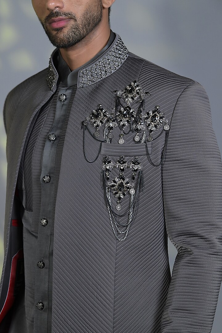 Space Grey Silk Pearl Embroidered Textured Indo-Western Set by Bharat Reshma at Pernia's Pop Up Shop