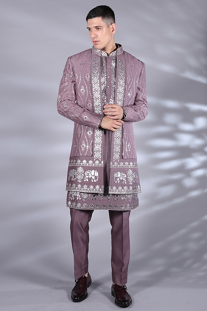 Mauve Silk Foil Printed & Dabka Embroidered Indo-Western Set by Bharat Reshma