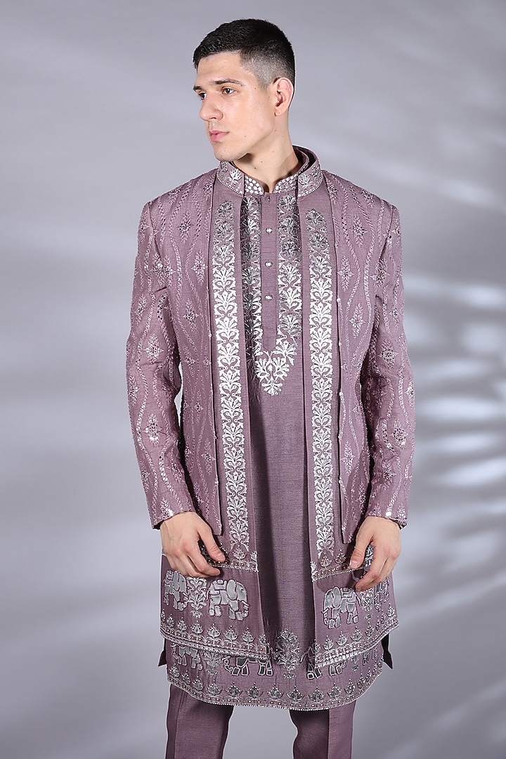 Mauve Silk Foil Printed & Dabka Embroidered Indo-Western Set by Bharat Reshma at Pernia's Pop Up Shop