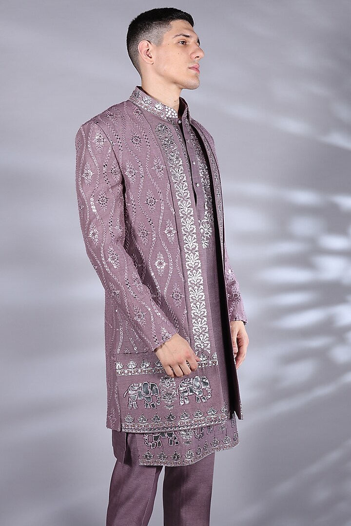 Mauve Silk Foil Printed & Dabka Embroidered Indo-Western Set by Bharat Reshma at Pernia's Pop Up Shop