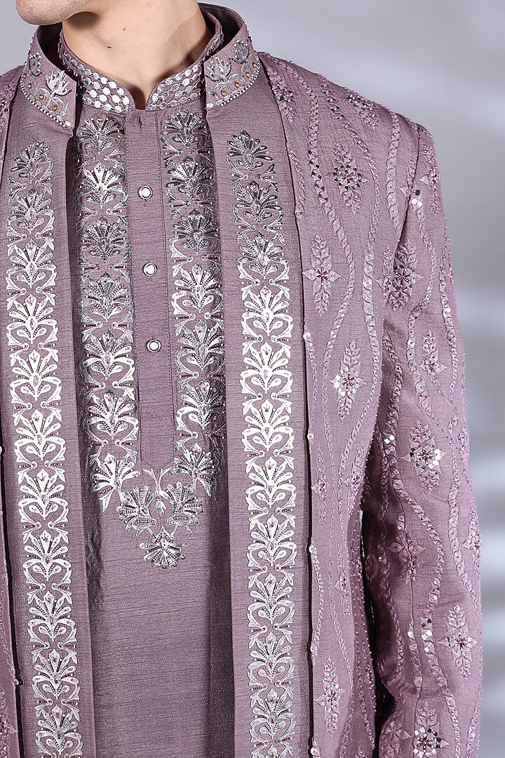 Mauve Silk Foil Printed & Dabka Embroidered Indo-Western Set by Bharat Reshma at Pernia's Pop Up Shop