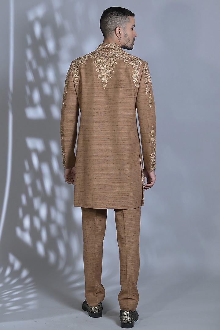 Walnut Gold Raw Silk Dabka Embroidered Indo-Western Set by Bharat Reshma at Pernia's Pop Up Shop