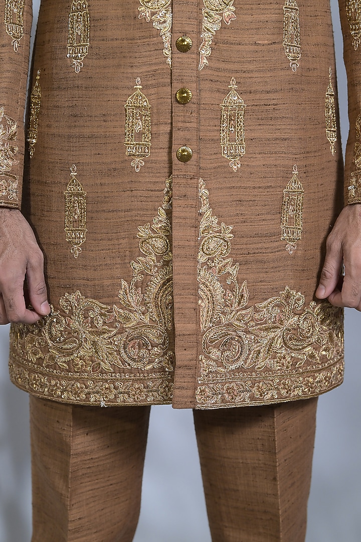 Walnut Gold Raw Silk Dabka Embroidered Indo-Western Set by Bharat Reshma at Pernia's Pop Up Shop