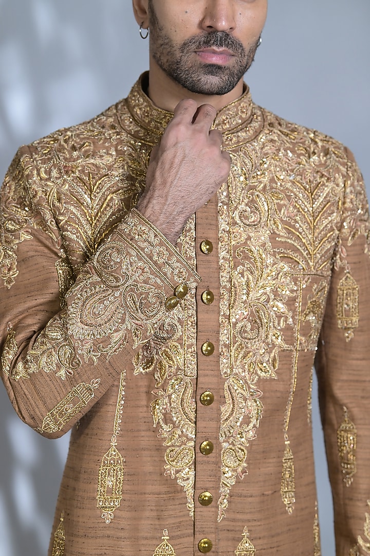 Walnut Gold Raw Silk Dabka Embroidered Indo-Western Set by Bharat Reshma at Pernia's Pop Up Shop