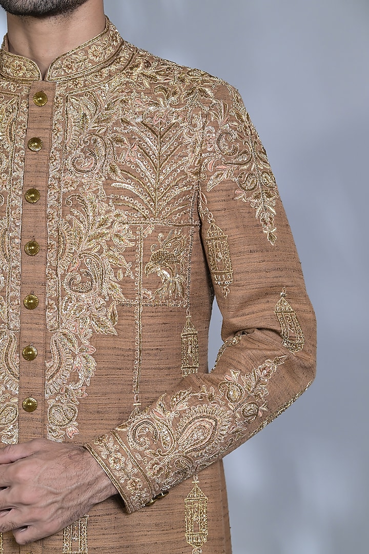 Walnut Gold Raw Silk Dabka Embroidered Indo-Western Set by Bharat Reshma at Pernia's Pop Up Shop