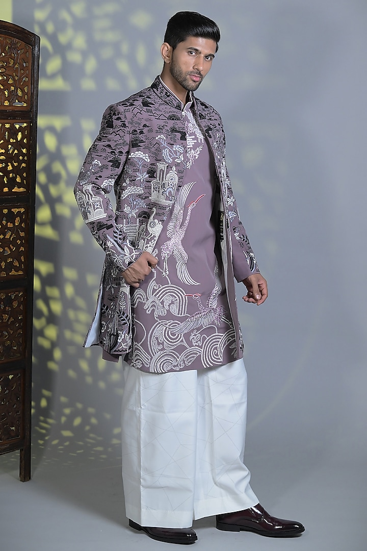 Battleship Grey Japanese Suiting Fabric French-Knot Embroidered Indo-Western Set by Bharat Reshma