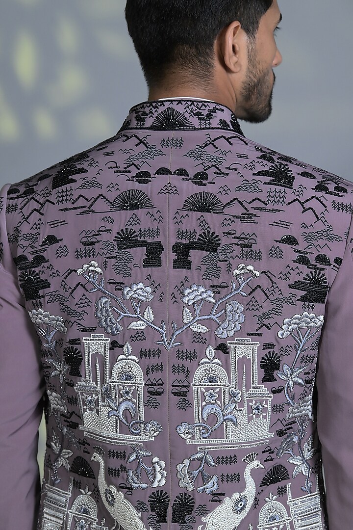 Battleship Grey Japanese Suiting Fabric French-Knot Embroidered Indo-Western Set by Bharat Reshma at Pernia's Pop Up Shop