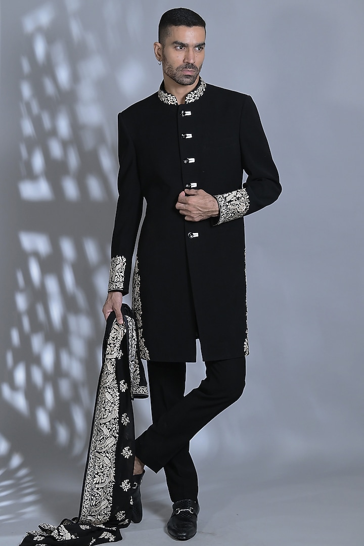 Midnight Blue Japanese Suiting Fabric Indo-Western Set by Bharat Reshma at Pernia's Pop Up Shop