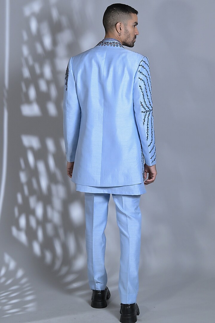 Turquoise Dupion Silk Cutdana Embroidered Indo-Western Set by Bharat Reshma at Pernia's Pop Up Shop