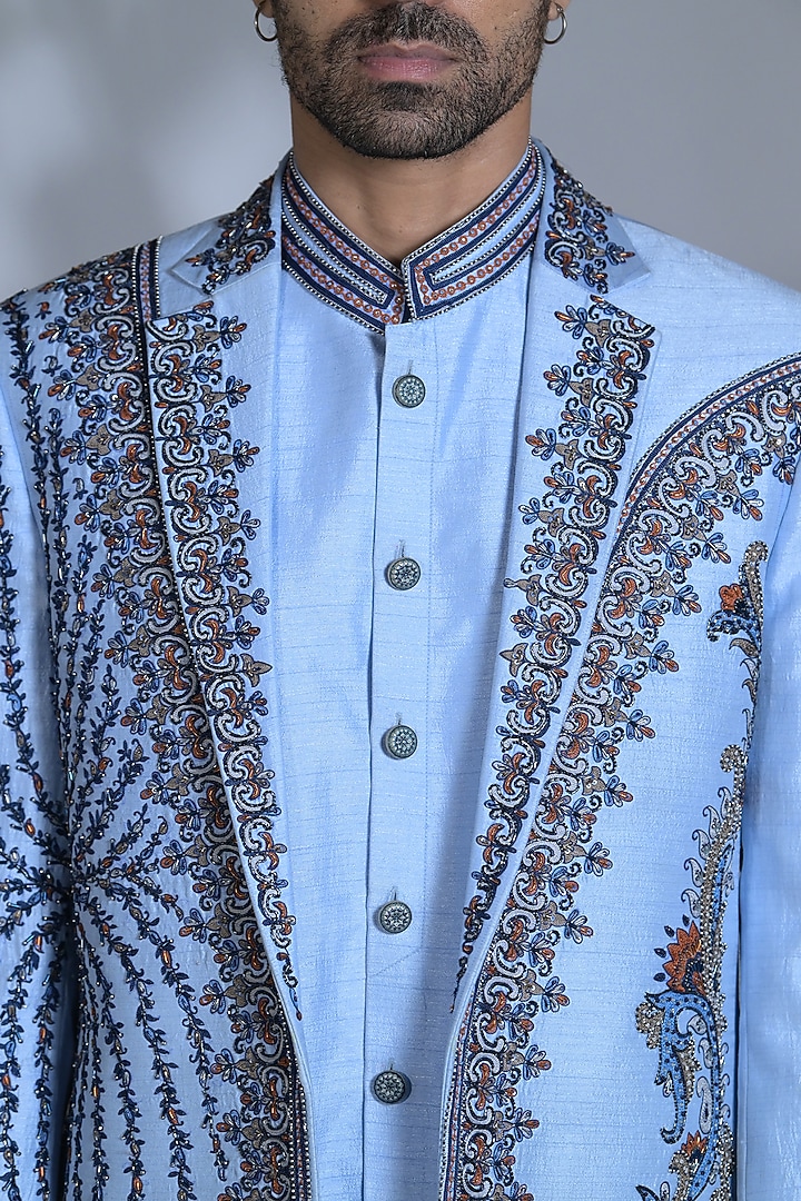 Turquoise Dupion Silk Cutdana Embroidered Indo-Western Set by Bharat Reshma at Pernia's Pop Up Shop