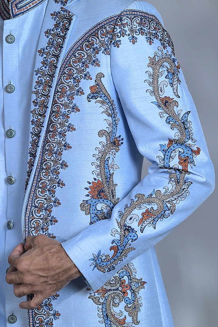 Turquoise Dupion Silk Cutdana Embroidered Indo-Western Set by Bharat Reshma at Pernia's Pop Up Shop