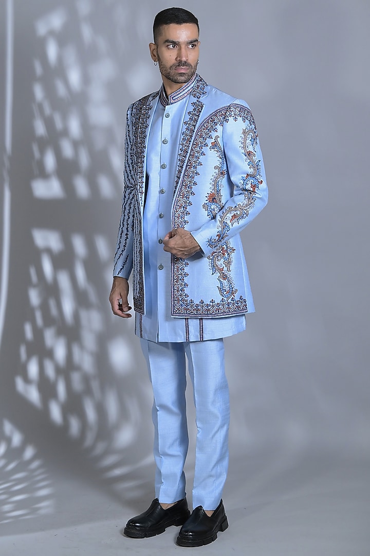 Turquoise Dupion Silk Cutdana Embroidered Indo-Western Set by Bharat Reshma at Pernia's Pop Up Shop
