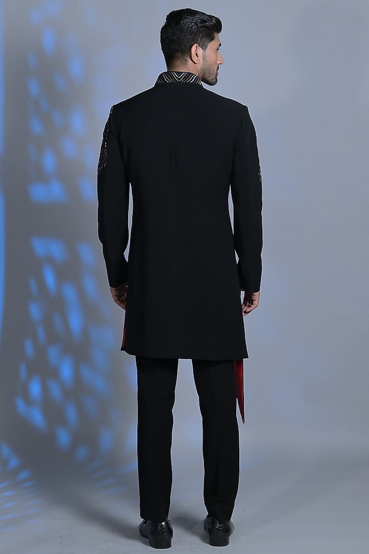 Black Japanese Suiting Fabric Cutdana Embroidered Indo-Western Set by Bharat Reshma at Pernia's Pop Up Shop