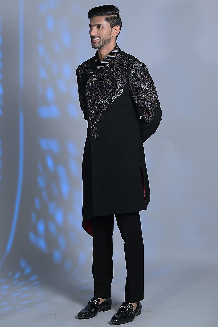 Black Japanese Suiting Fabric Cutdana Embroidered Indo-Western Set by Bharat Reshma at Pernia's Pop Up Shop