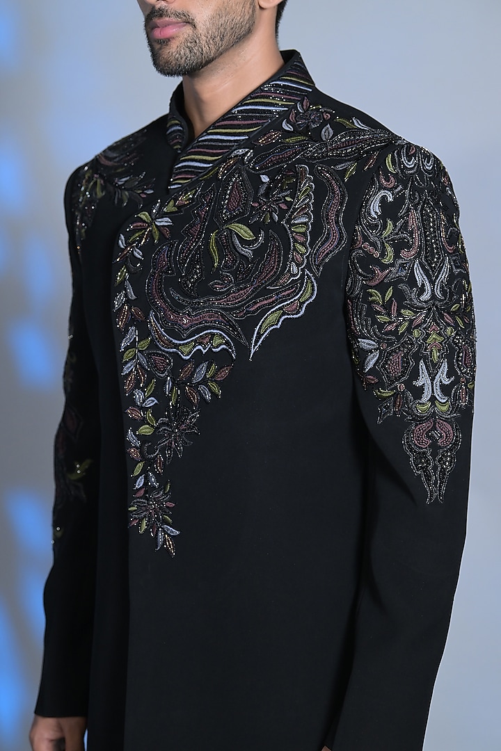 Black Japanese Suiting Fabric Cutdana Embroidered Indo-Western Set by Bharat Reshma at Pernia's Pop Up Shop