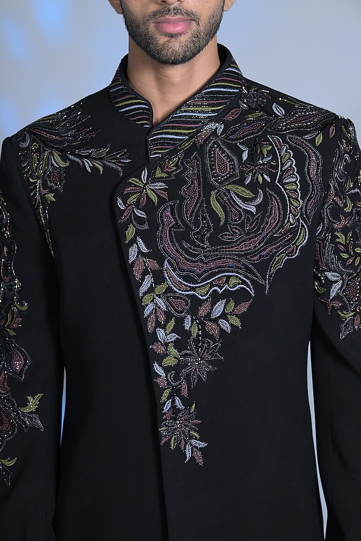 Black Japanese Suiting Fabric Cutdana Embroidered Indo-Western Set by Bharat Reshma at Pernia's Pop Up Shop
