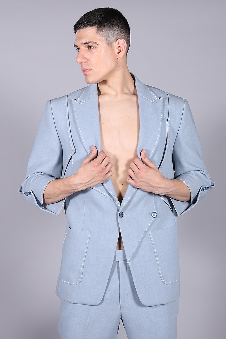 Powder Blue Suiting Thread Embroidered Blazer Set by Bharat Reshma at Pernia's Pop Up Shop