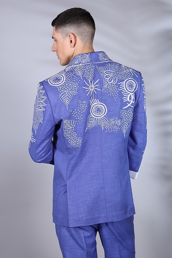 Cornflower Blue Linen Thread Embroidered Blazer Set by Bharat Reshma at Pernia's Pop Up Shop