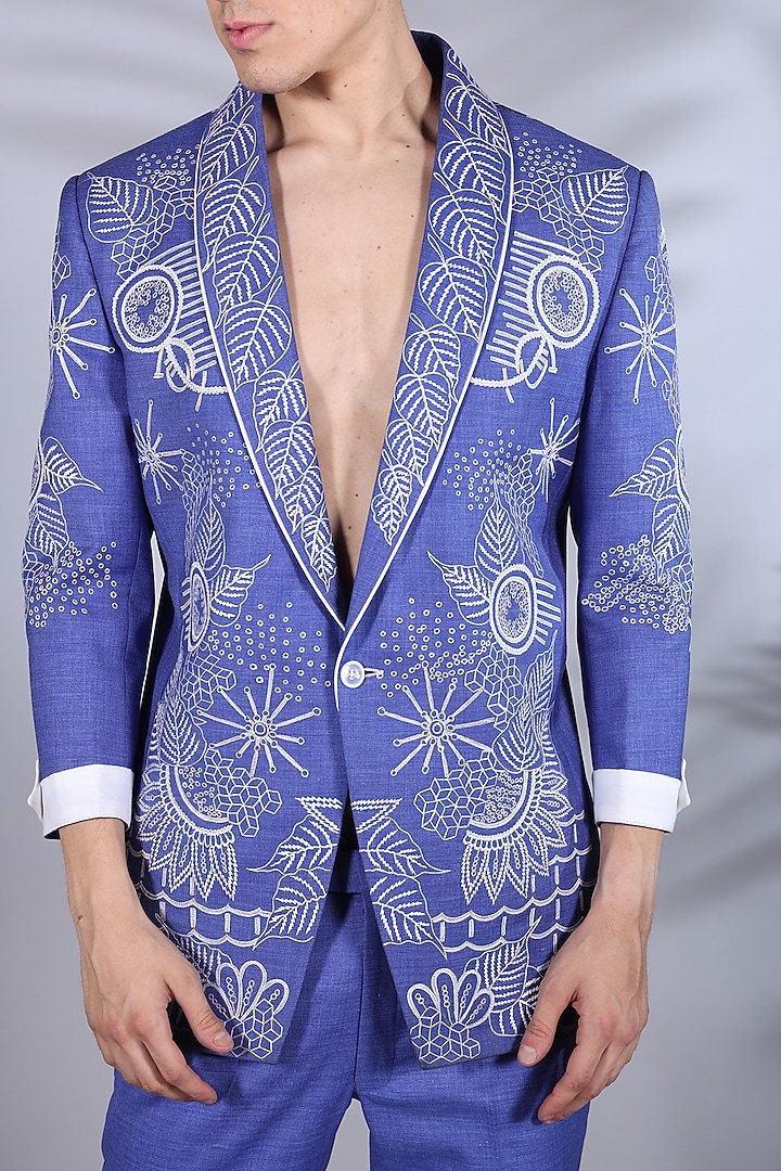 Cornflower Blue Linen Thread Embroidered Blazer Set by Bharat Reshma at Pernia's Pop Up Shop