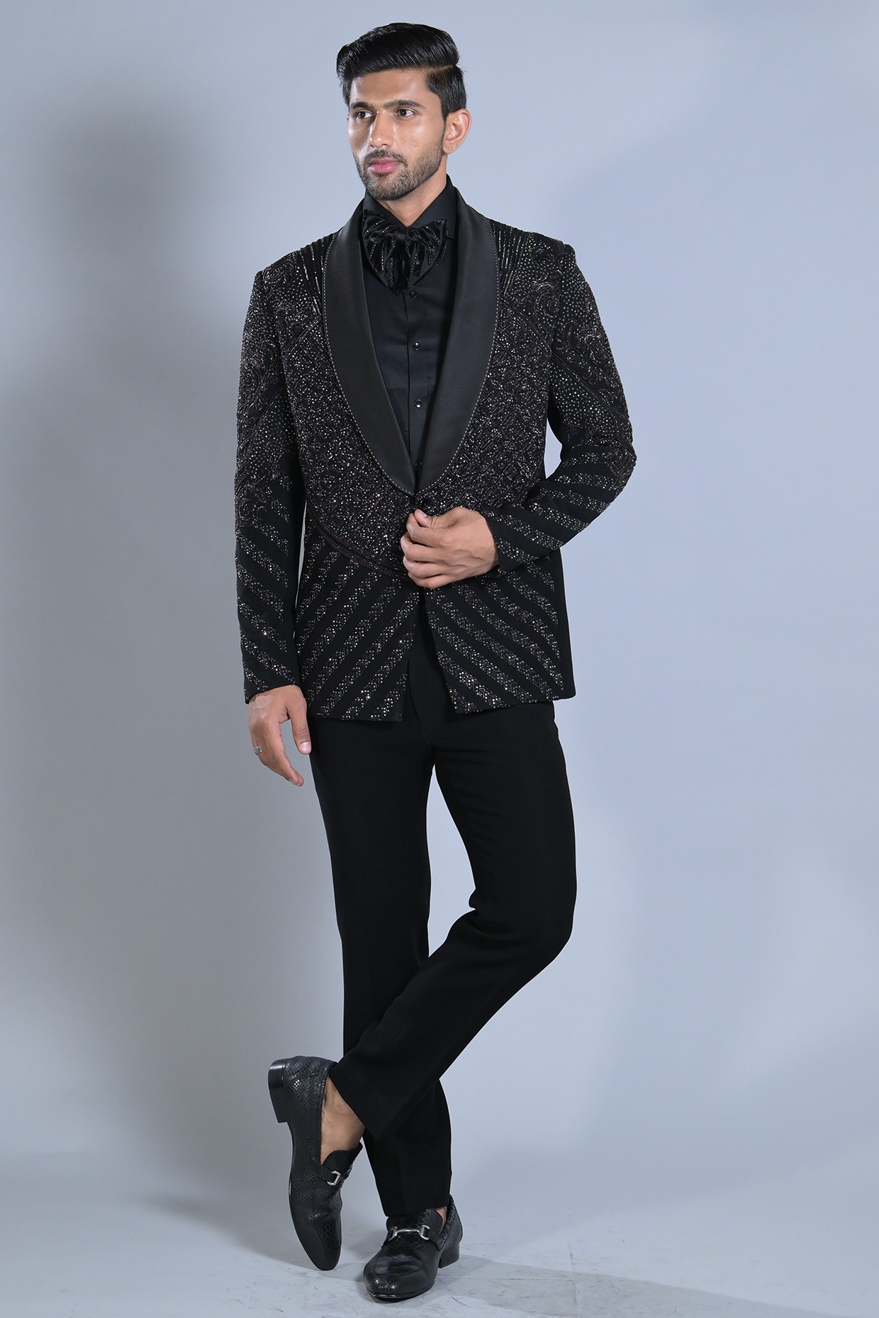 Black Embroidered Moti and Cutdana Tuxedo Set