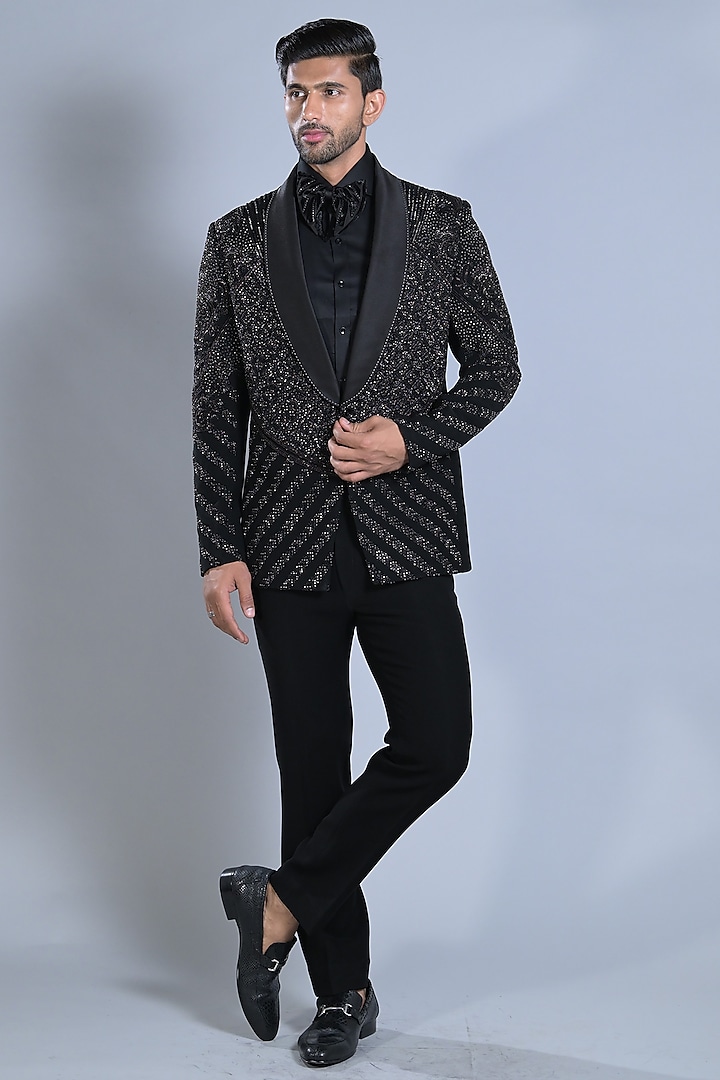 Charcoal Black Japanese Suiting Cutdana Embroidered Tuxedo Set by Bharat Reshma