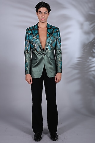 Green & Black Leather Digital Printed Blazer Set by Bharat Reshma