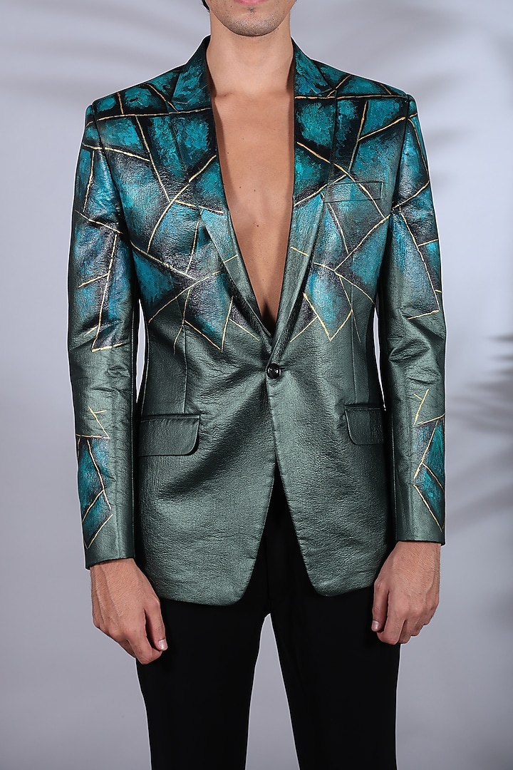 Green & Black Leather Digital Printed Blazer Set by Bharat Reshma at Pernia's Pop Up Shop