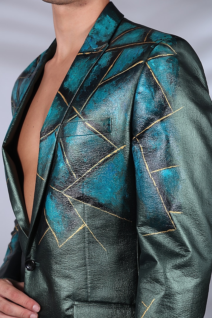 Green & Black Leather Digital Printed Blazer Set by Bharat Reshma at Pernia's Pop Up Shop