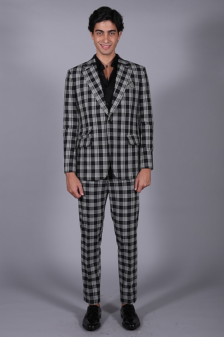 Grey & Black Suiting Checkered Blazer Set by Bharat Reshma at Pernia's Pop Up Shop