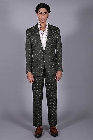Green Cotton Suiting Printed Blazer Set by Bharat Reshma